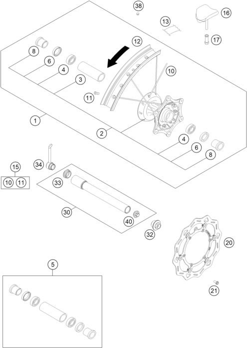 vue éclatée roue avant - ktm 450 exc-f six days ckd cn 2024