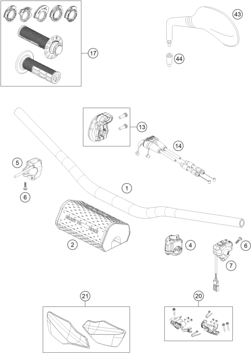 vue éclatée guidon, armatures - ktm 450 exc-f six days ckd cn 2024