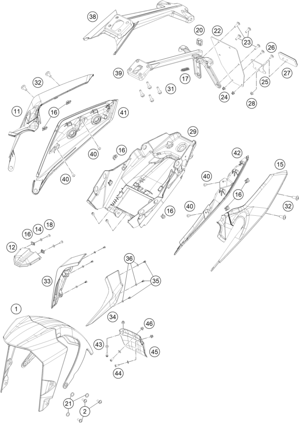 vue éclatée plaque, garde-boue - ktm 200 duke white, w/o abs - ckd co 2023