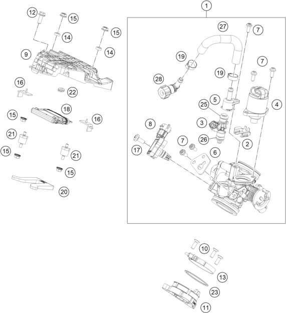 vue éclatée corps du clapet d'étranglement - ktm 200 duke white, w/o abs - ckd co 2023