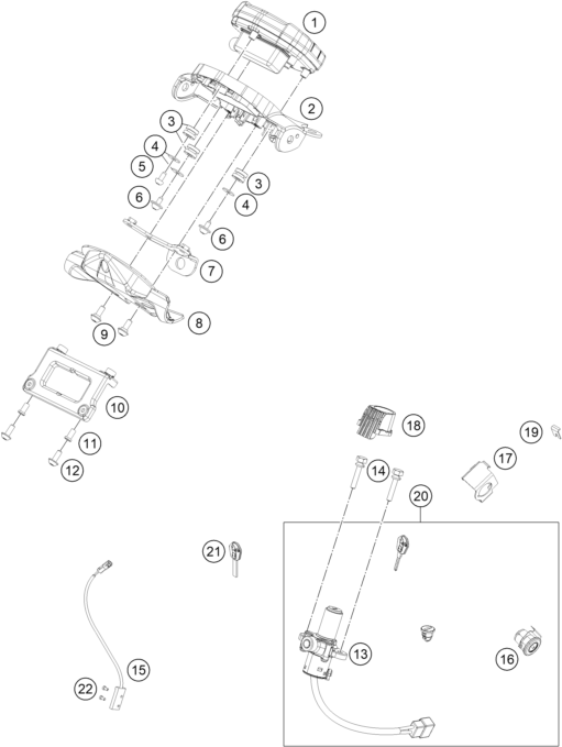 vue éclatée instruments / système de verrouillage - ktm 200 duke, orange, w/o abs - ckd co 2023
