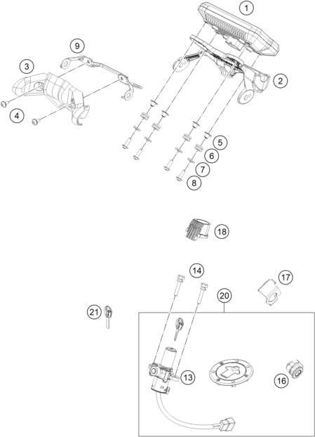 vue éclatée instruments / système de verrouillage - ktm 125 duke, white 2 w/o drl eu 2023