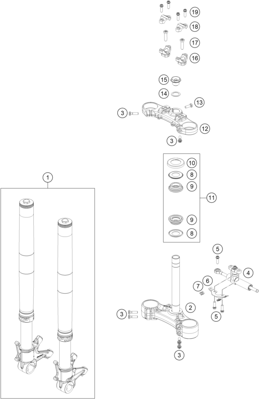 vue éclatée fourche téléscopique, té de fourche - ktm 790 duke l, grey - d.d. gb 2024