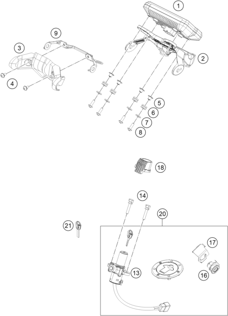 vue éclatée instruments / système de verrouillage - ktm 125 duke, silver eu 2021