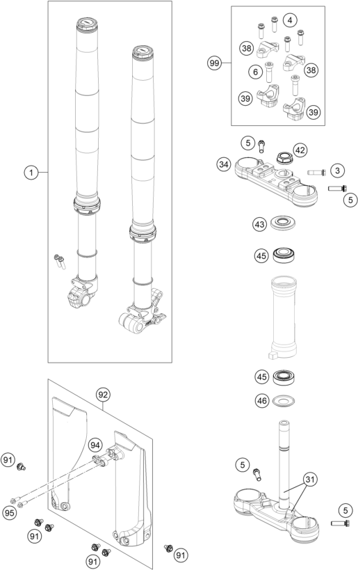 vue éclatée fourche téléscopique, té de fourche - ktm sx-e 3 2025
