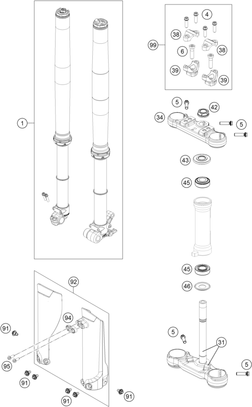 vue éclatée fourche téléscopique, té de fourche - ktm sx-e 5 2025