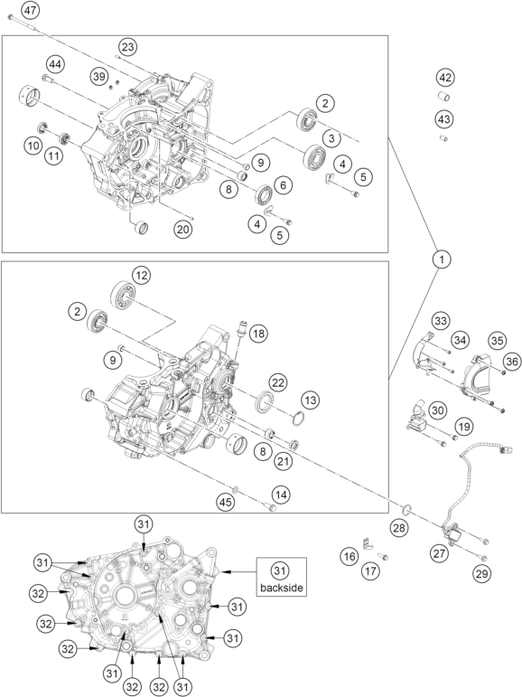 vue éclatée carter moteur - ktm 125 duke, orange eu 2025