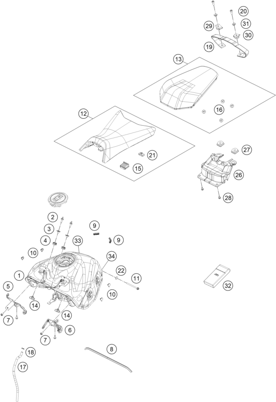 vue éclatée réservoir, selle - ktm 125 duke, blue eu 2025