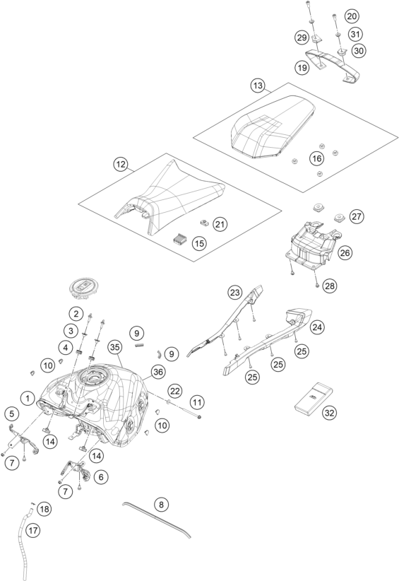 vue éclatée réservoir, selle - ktm 390 duke, blue eu 2025