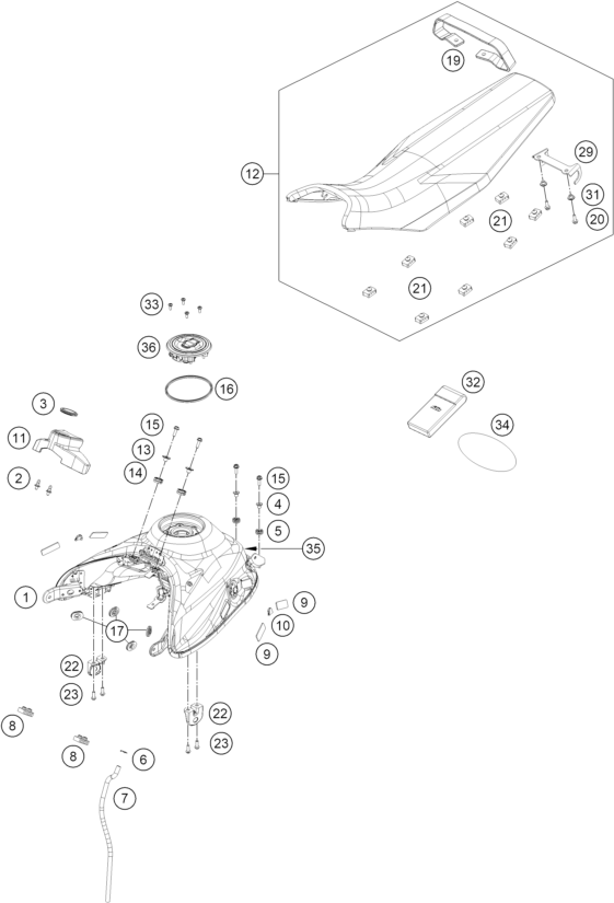 vue éclatée réservoir, selle - ktm 390 smc r eu 2025