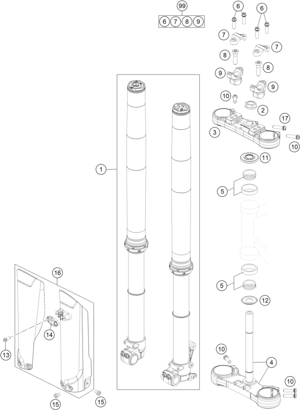 vue éclatée fourche téléscopique, té de fourche - ktm 85 sx 17/14 2025