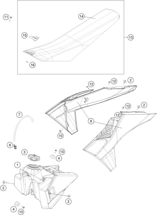 vue éclatée réservoir, selle - ktm 250 sx-f eu 2025