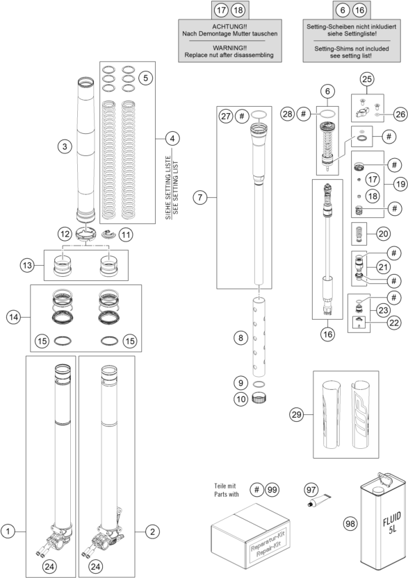 vue éclatée fourche téléscopique - ktm 350 exc-f eu 2025