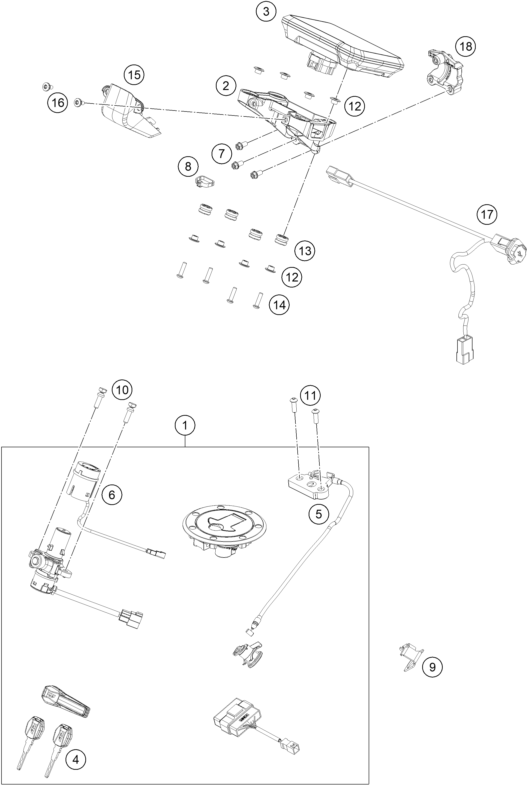 vue éclatée instruments / système de verrouillage - ktm 790 duke l, orange eu 2025