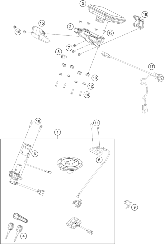 vue éclatée instruments / système de verrouillage - ktm 790 duke, orange - d.d. cn 2025