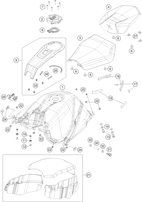 vue éclatée réservoir, selle - ktm 1390 super duke r, orange eu 2025