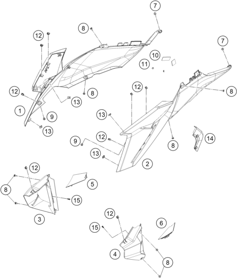 vue éclatée habillage latéral - ktm 1390 super duke r evo, orange eu 2025
