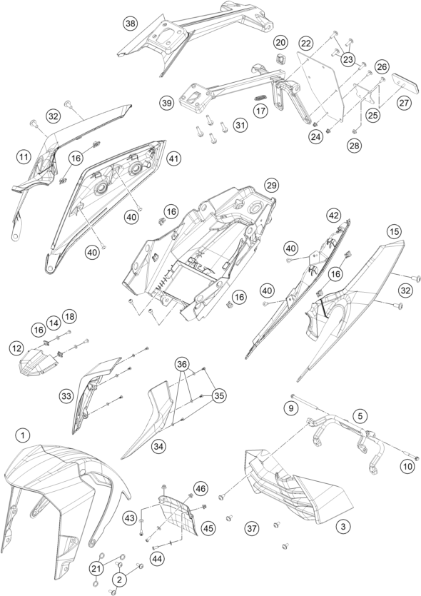 vue éclatée plaque, garde-boue - ktm 200 duke, orange, abs-ckd co 2025