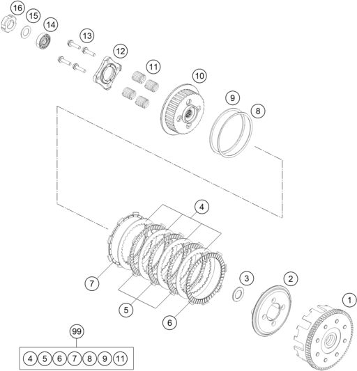 vue éclatée embrayage - ktm 200 duke, orange, abs-ckd co 2025