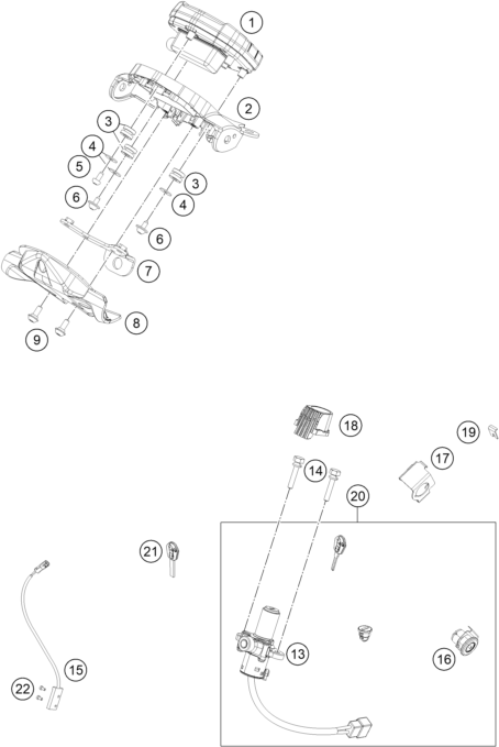 vue éclatée instruments / système de verrouillage - ktm 200 duke, white, w/o abs - ckd co 2025