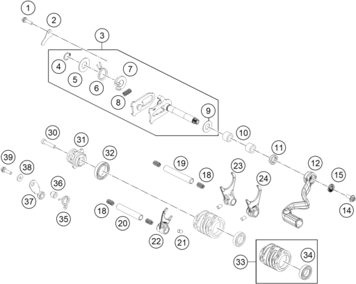 vue éclatée mécanisme de sélection - ktm 65 sx ckd cn 2024