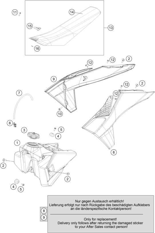 vue éclatée réservoir, selle - ktm 250 sx-f adamo edition 2025