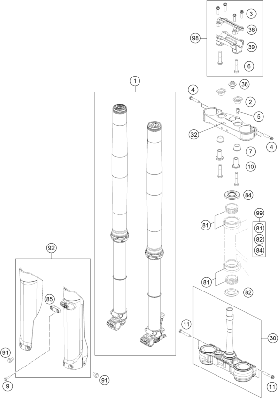 vue éclatée fourche téléscopique, té de fourche - ktm 300 sx eu 2026