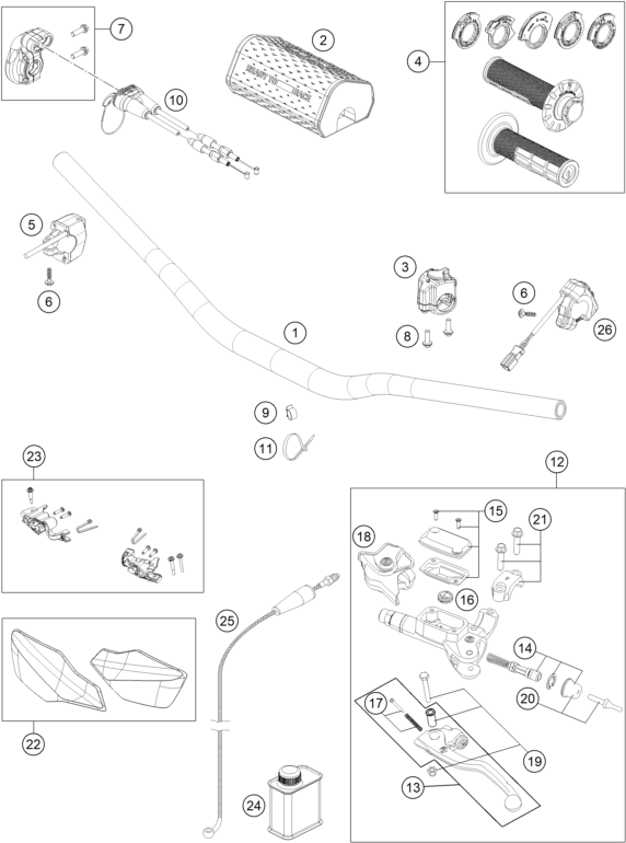vue éclatée guidon, armatures - ktm 125 xc-w eu 2026