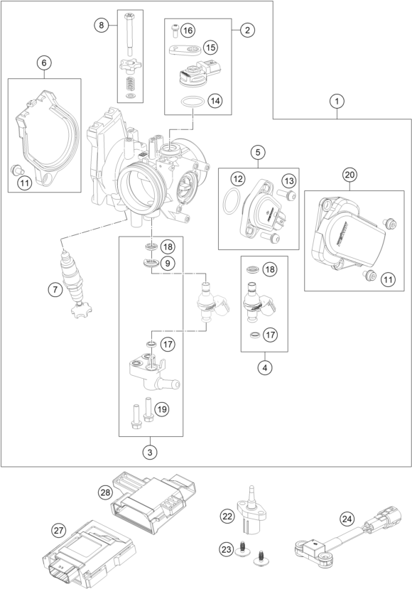 vue éclatée corps du clapet d'étranglement - ktm 350 sx-f eu 2026