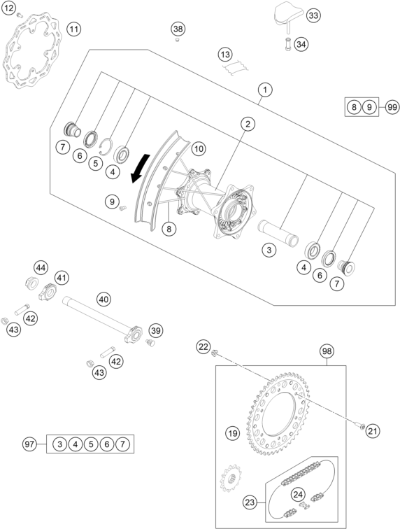 vue éclatée roue arrière - ktm 350 exc-f 6days eu 2026