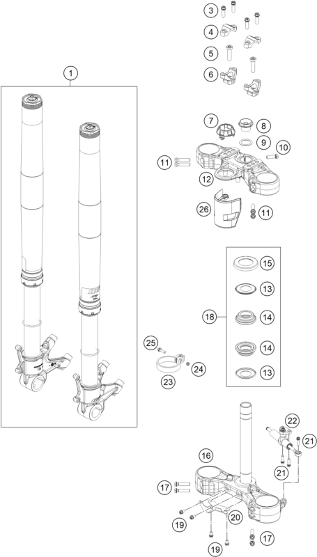 vue éclatée fourche téléscopique, té de fourche - ktm 890 smt eu 2026
