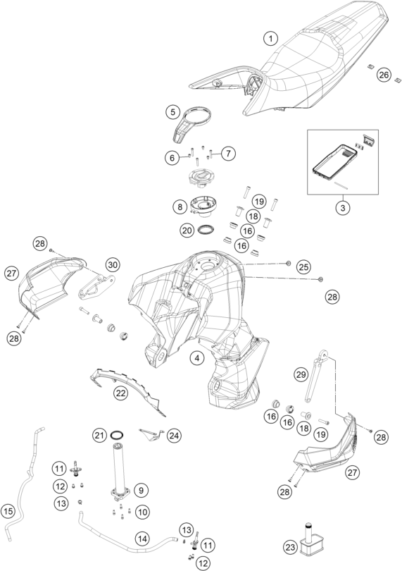vue éclatée réservoir, selle - ktm 890 smt eu 2026