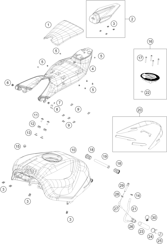 vue éclatée réservoir, selle - ktm 990 rc r track 2026
