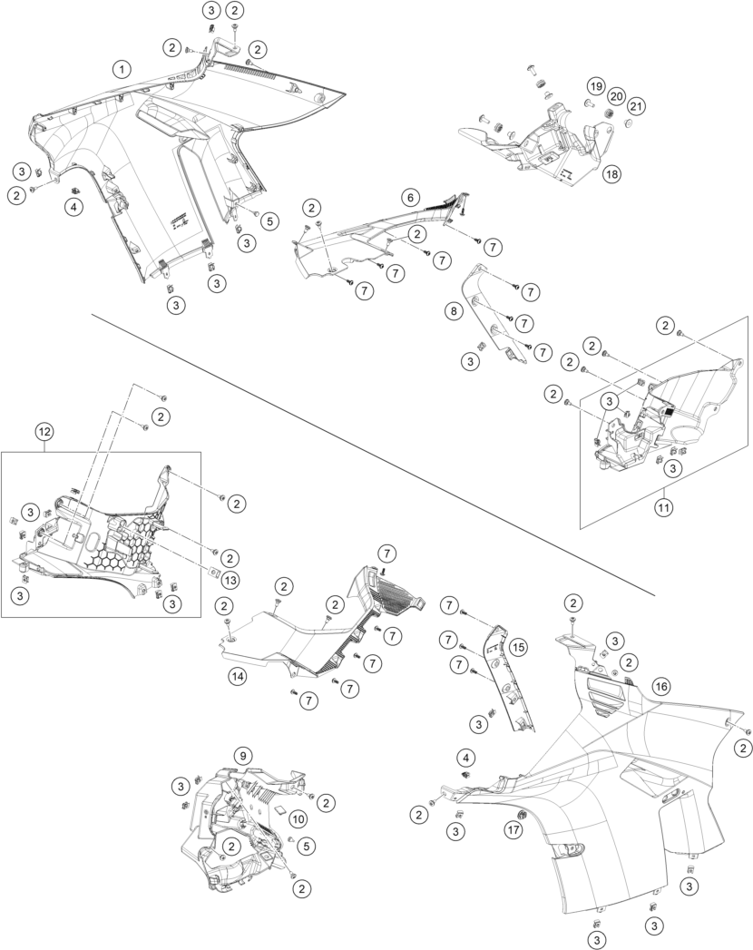 vue éclatée habillage latéral - ktm 990 rc r, orange eu 2026