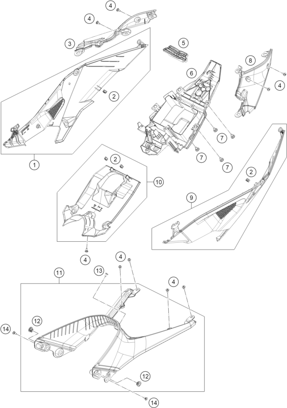 vue éclatée habillage arrière - ktm 990 rc r, orange eu 2026
