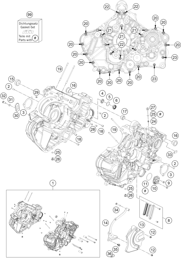 vue éclatée carter moteur - ktm 1390 super adventure s evo, orange eu 2026