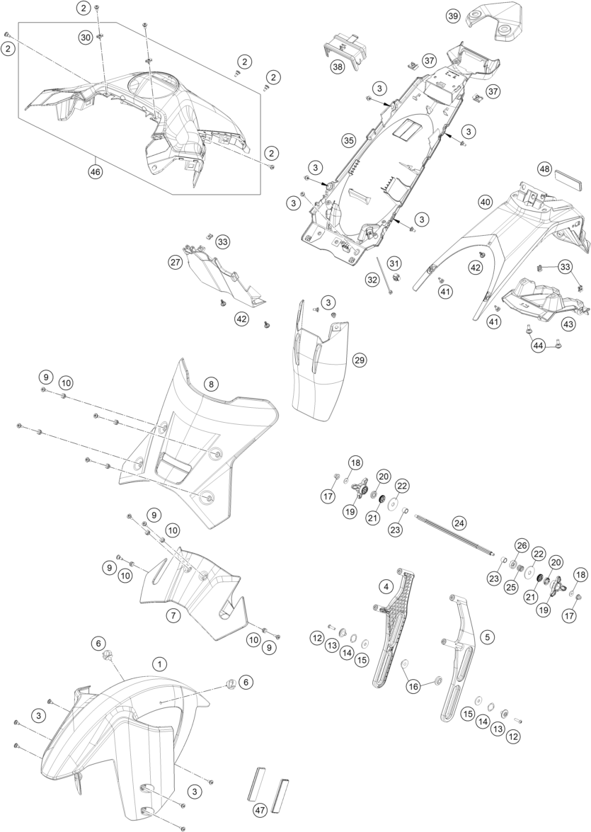 vue éclatée plaque, garde-boue - ktm 1390 super adventure s evo, black eu 2026