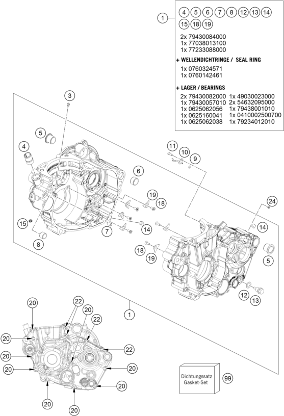 vue éclatée carter moteur - ktm 500 exc-f champion edition eu 2025
