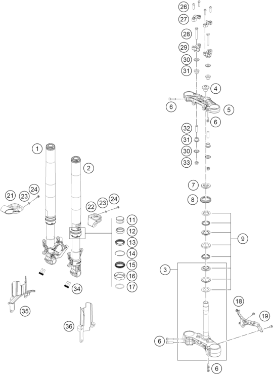vue éclatée fourche téléscopique, té de fourche - ktm 125 duke, blue eu 2026