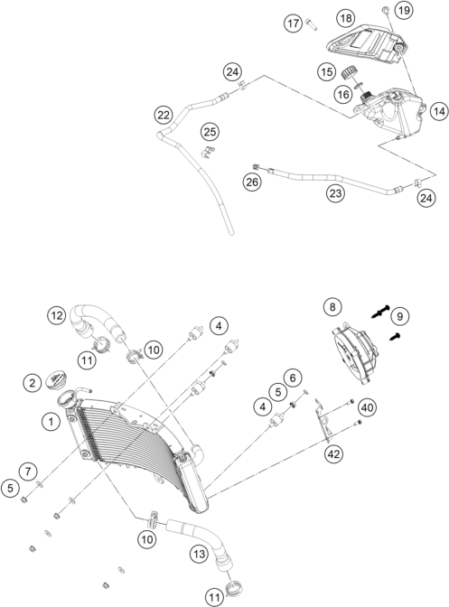vue éclatée système de refroidissement - ktm 125 duke, blue eu 2026