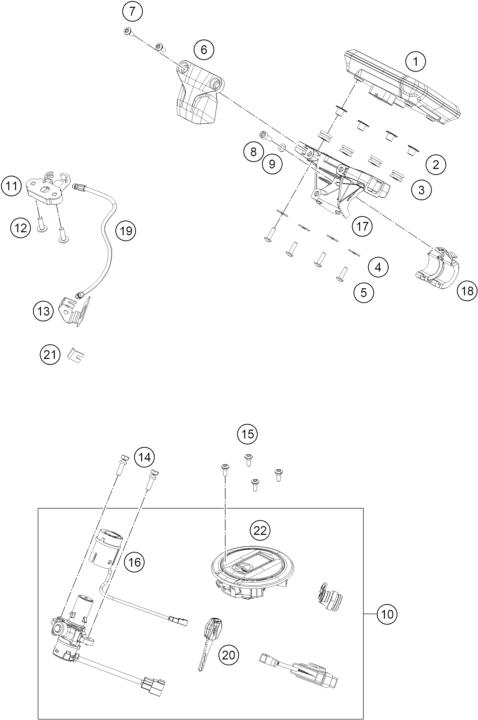 vue éclatée instruments / système de verrouillage - ktm 390 duke, black eu 2026