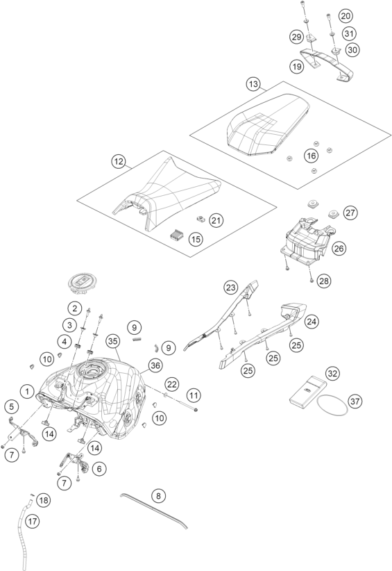 vue éclatée réservoir, selle - ktm 390 duke, blue eu 2026