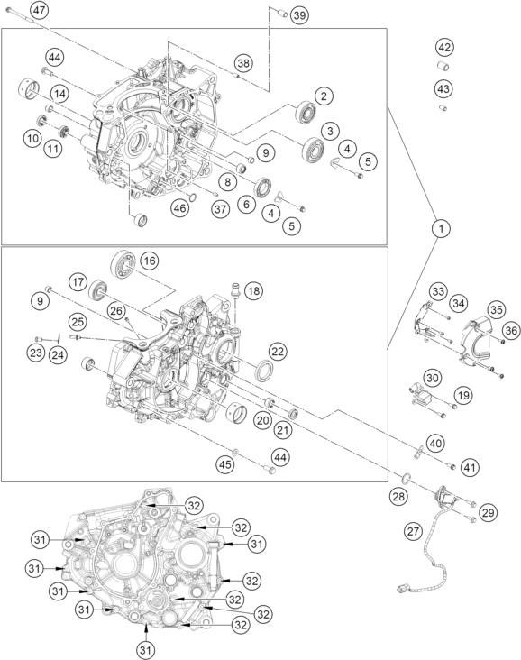 vue éclatée carter moteur - ktm 390 duke, blue eu 2026