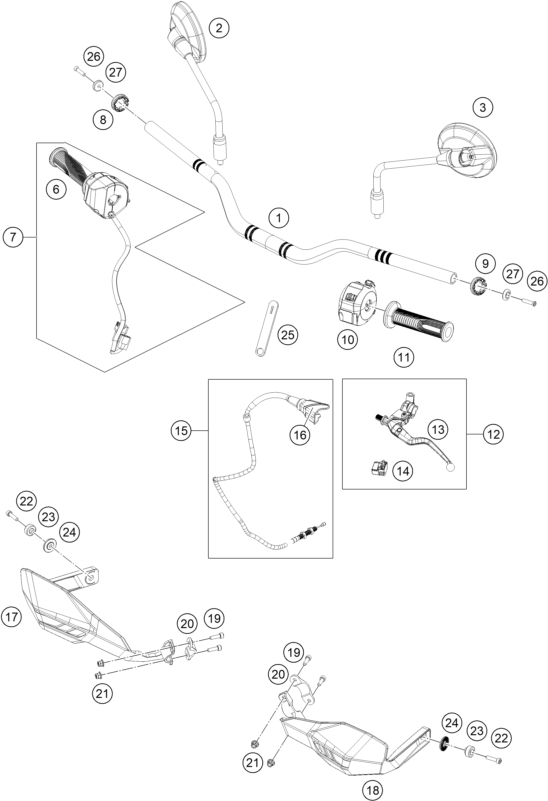 vue éclatée guidon, armatures - ktm 125 enduro r eu 2026