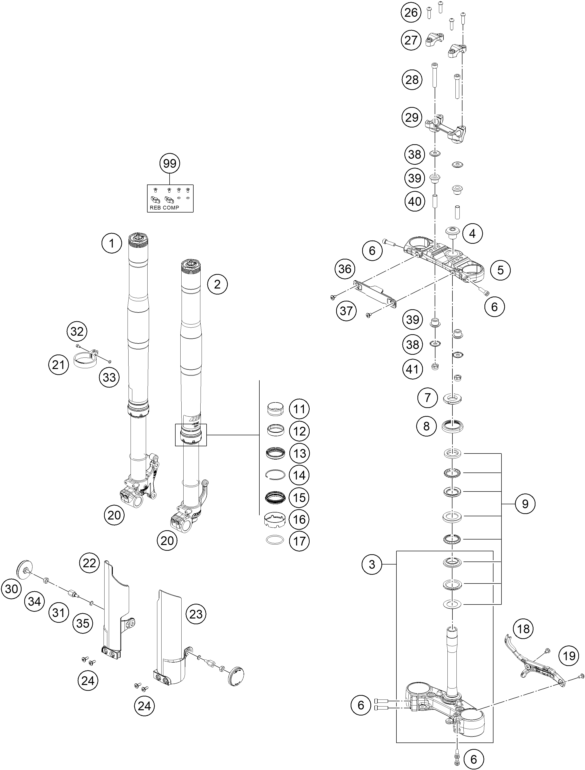 vue éclatée fourche téléscopique, té de fourche - ktm 125 smc r eu 2026