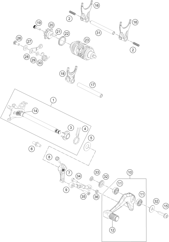 vue éclatée mécanisme de sélection - ktm 390 smc r eu 2026