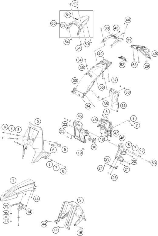 vue éclatée plaque, garde-boue - ktm 390 adventure x, white eu 2025