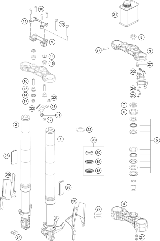 vue éclatée fourche téléscopique, té de fourche - ktm 200 duke, blue, abs-ckd co 2026