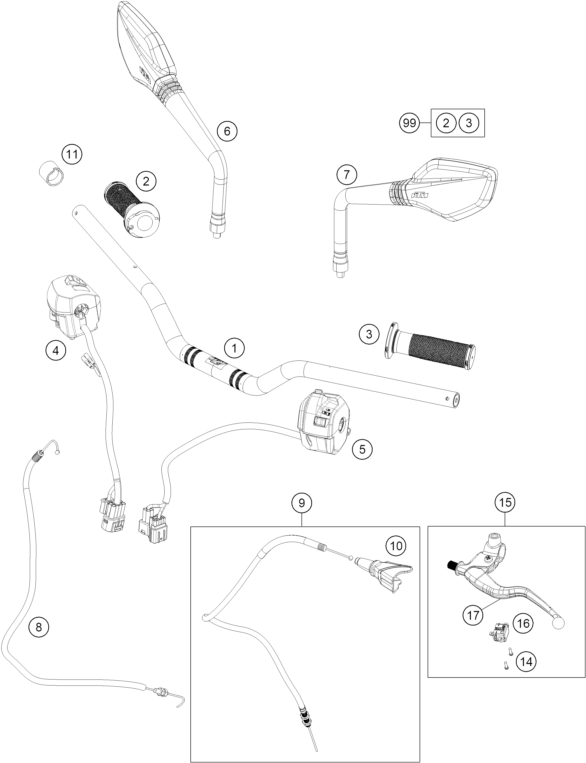 vue éclatée guidon, armatures - ktm 200 duke, blue, abs-ckd co 2026