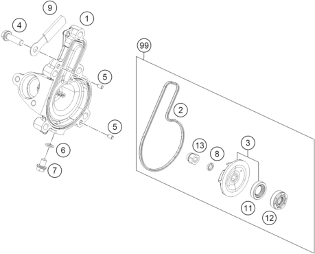 vue éclatée pompe à eau - ktm 200 duke, blue, abs-ckd co 2026